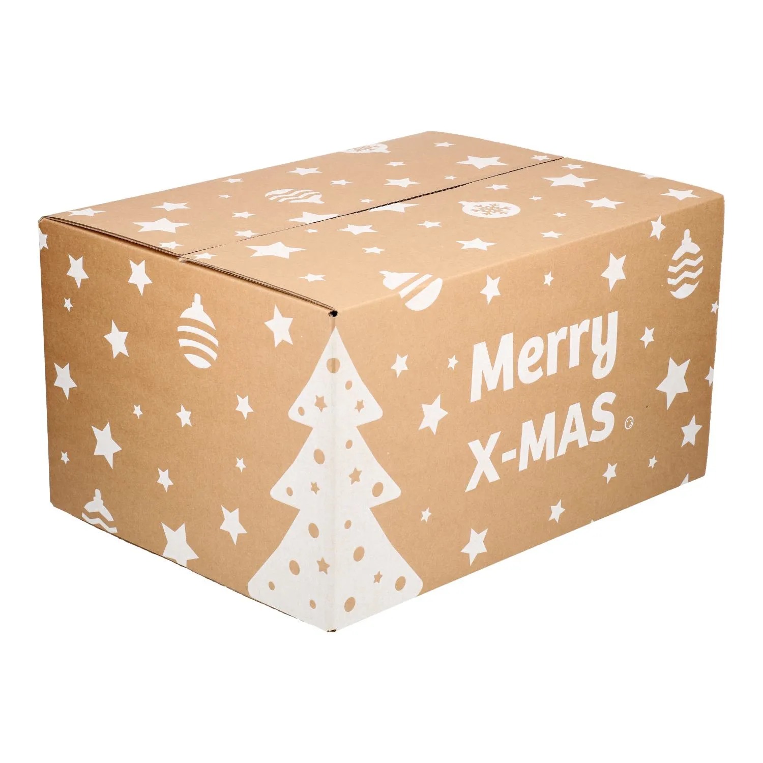 Kraftkleurige kerstpakketdoos met witte kerstdecoraties